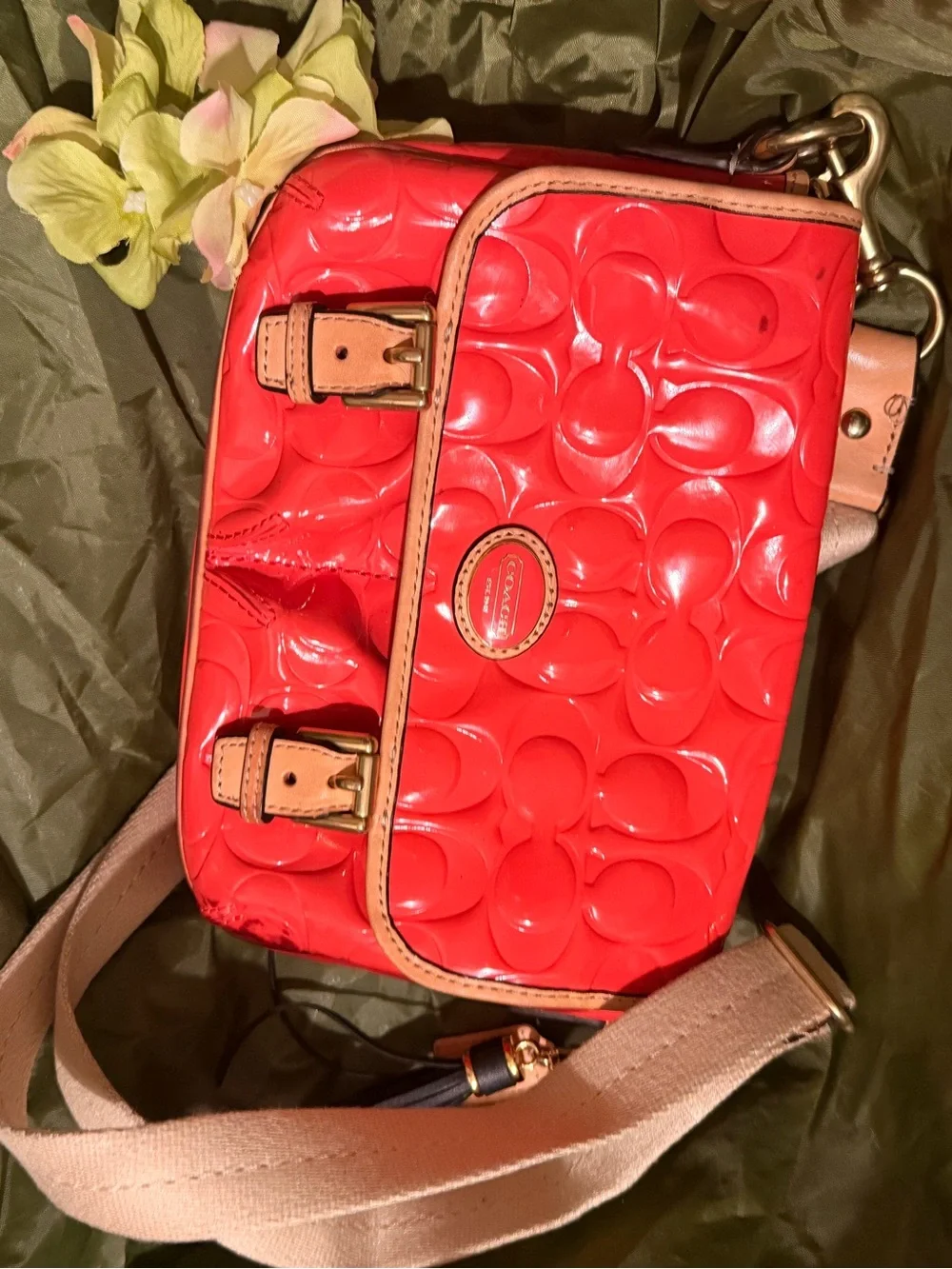 Coach Red Patent Signature Crossbody with Leather Trim